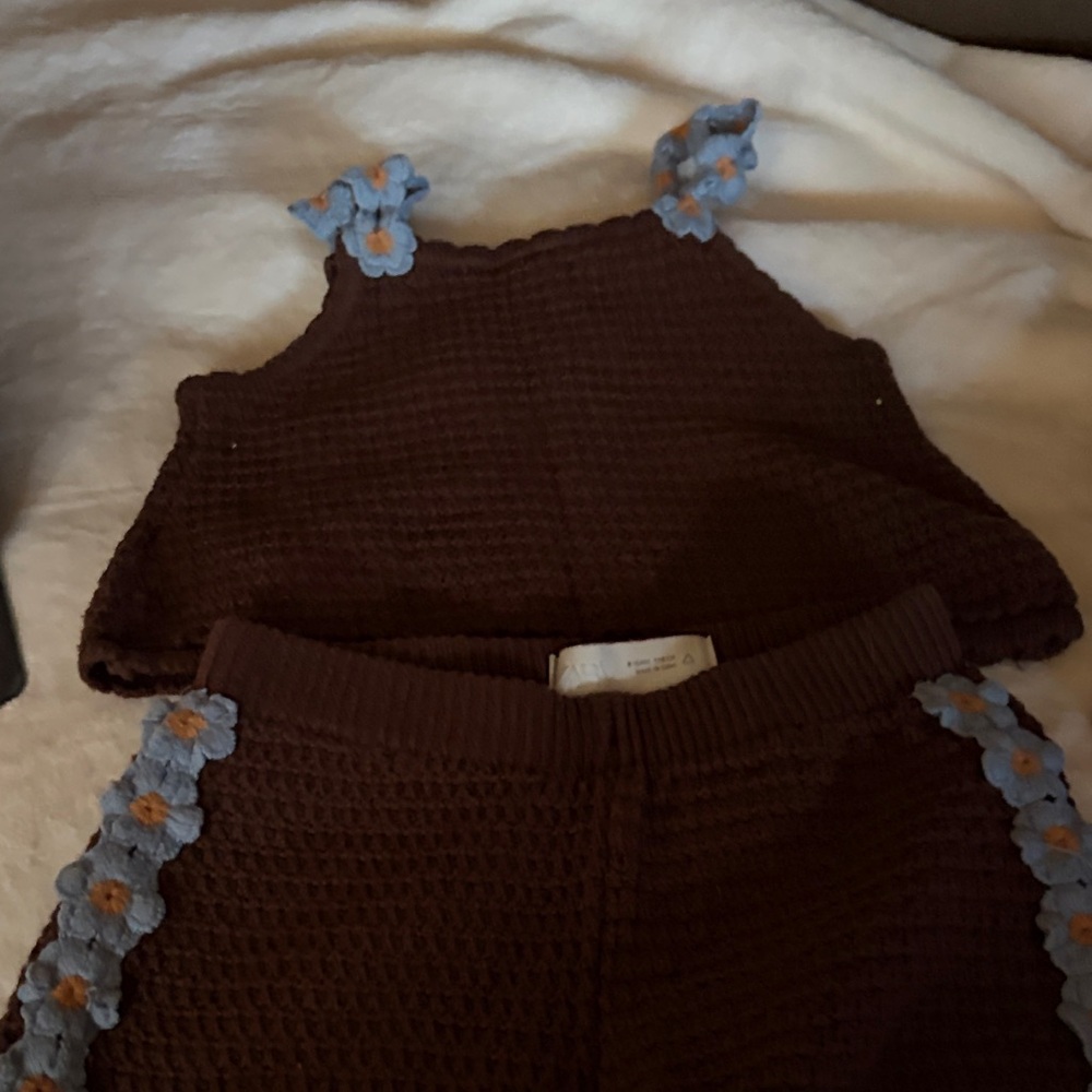 Zara Brown Crochet Kids Matching Set with Blue Flower Trim